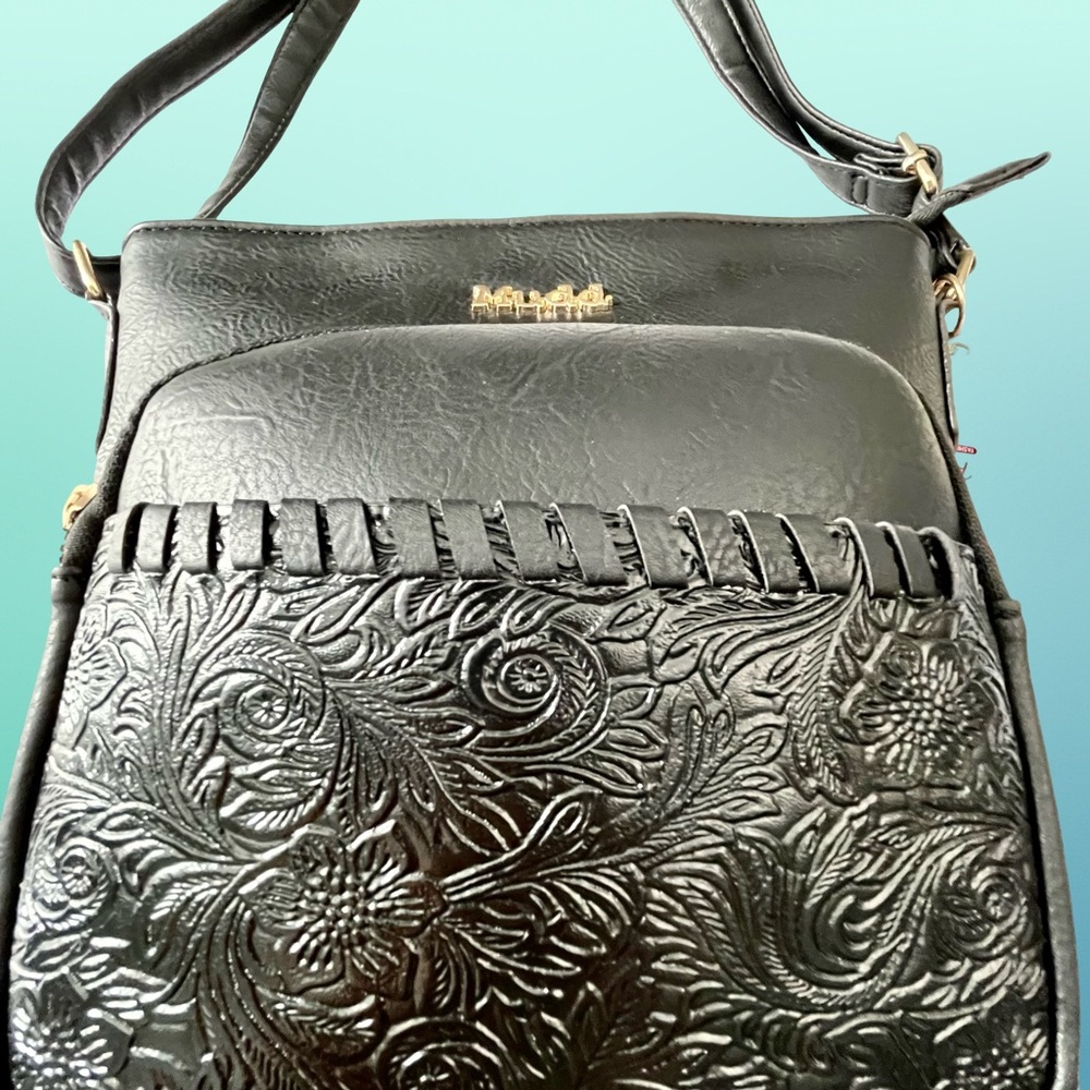 Mudd Black Zip Closure Embossed Crossbody Shoulder Bag Pom Pom Charm Keychain - Picture 4 of 13